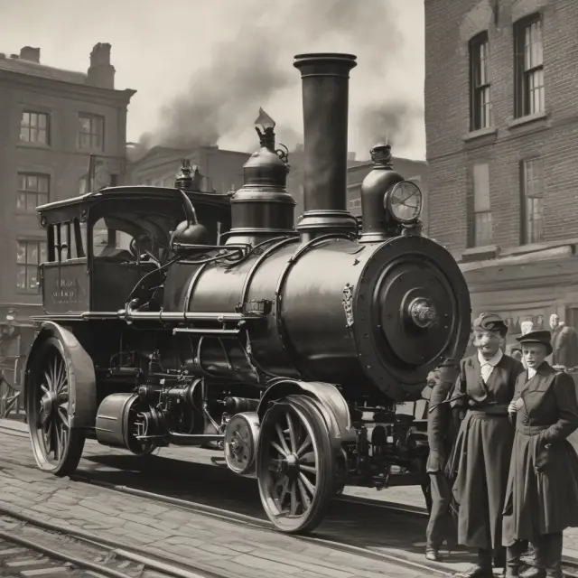 A steam engine at the heart of a bustling city scene: Urbanization, literacy, and evolving gender roles symbolize societal change