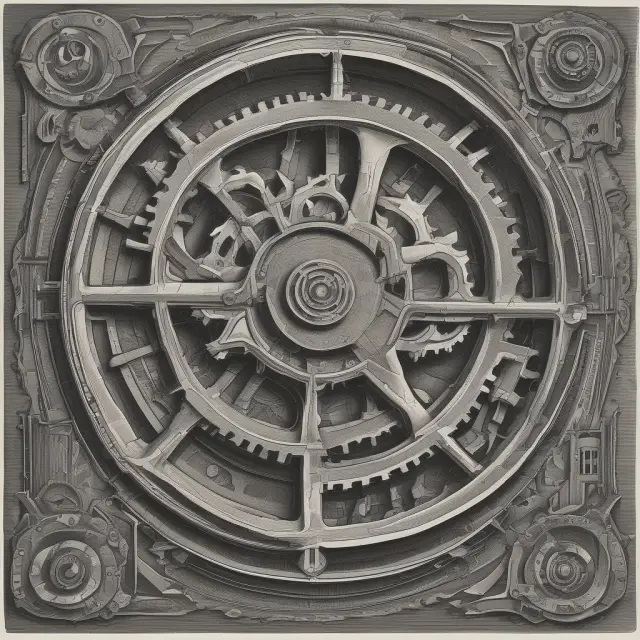 An intricate web of cogs and gears symbolizes industrialization