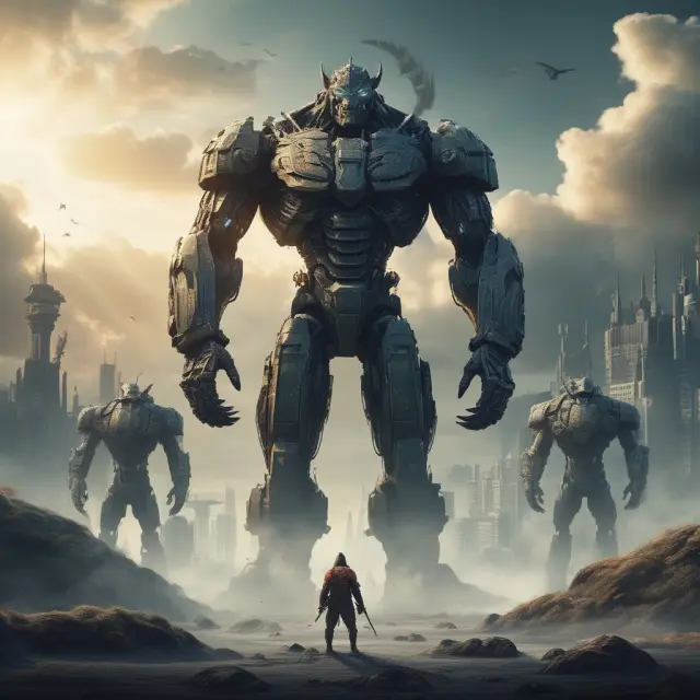 Market leaders, represented as towering giants, navigating intense competition in a mature industry