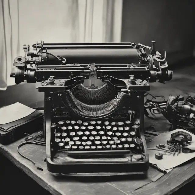 Typewriter disassembling into computer components amidst declining demand and innovation.