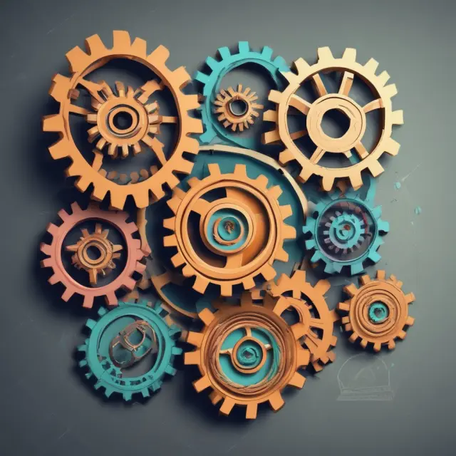 Two orbits: An industry life cycle with four gears rotating around an undulating economic landscape symbolizing the business cycle