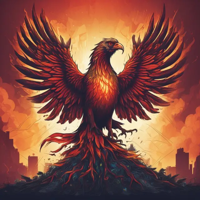 Phoenix rising above a sea of economic data, representing the growth and transformation of industries