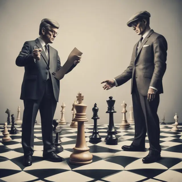 A protective group of regulatory figures watching over a checkered market scene, illustrating the role of regulations in ensuring market fairness