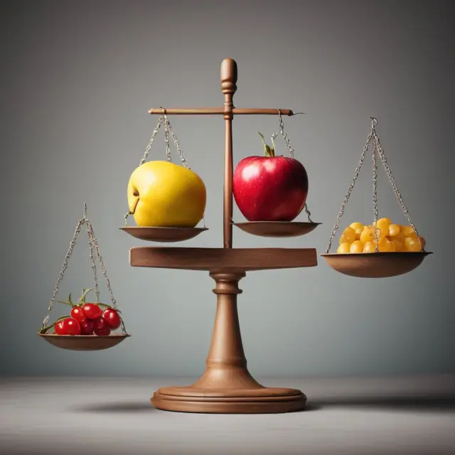 Scale with canned and fresh food items balancing, demonstrating the transformation of inferior goods as income changes.