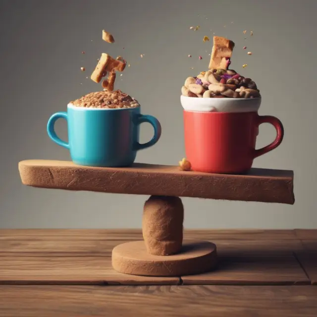 A balanced see-saw with branded coffee cups representing Starbucks and McDonald