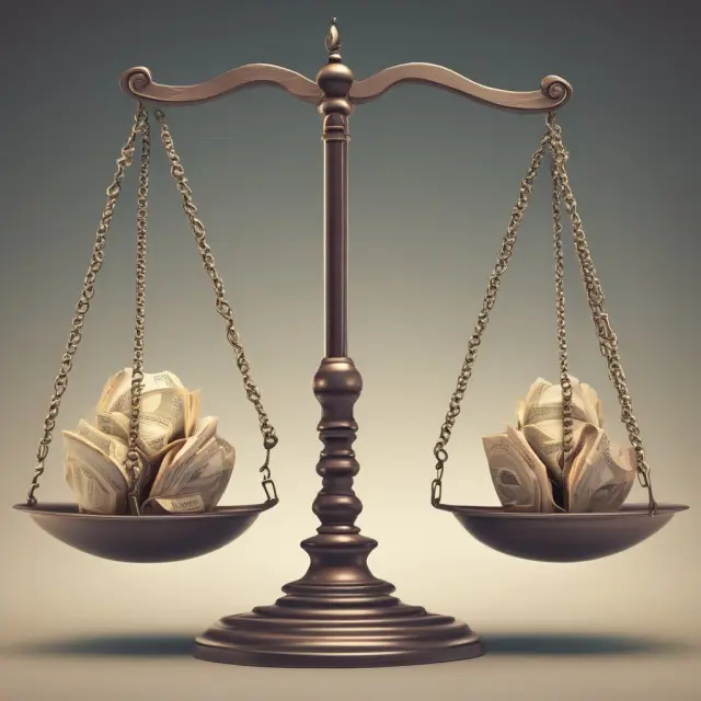 A balance scale with advantages and disadvantages of inflation accounting tipping back and forth, emphasizing its impact on financial reporting accuracy