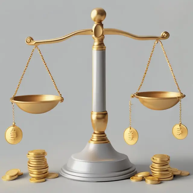 Golden scales balanced by weighted coins labeled 