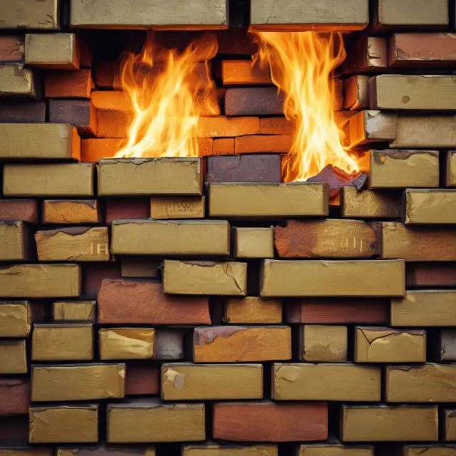 A golden stack of real estate bricks safeguarding against a roaring fire, illustrating the asset