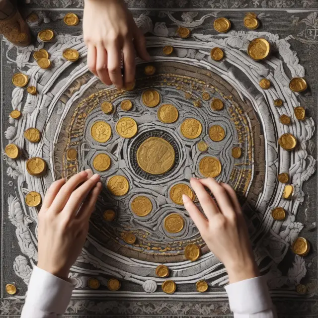 Two hands creating a tapestry from golden coins representing inflation swaps, symbolizing customization and diversification in managing inflation risks