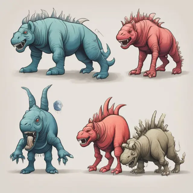 Five mythical creatures exchanging components: Standard (fixed), Amortizing (decreasing notional), Cap (limiting inflation), Floor (minimum inflation), Retrospective (historical inflation)