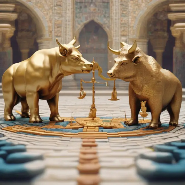 Golden scales balancing inflation advantages (bull) and disadvantages (bear). Economic landscape in the background.