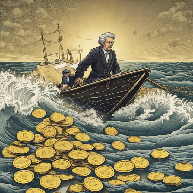A central bank governor skillfully navigates a golden ship through turbulent waves, symbolizing the role of managing inflation to ensure economic stability