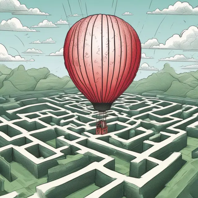 An investor calculating Inflation-Adjusted Return in a maze of charts, with an inflated balloon representing the final figure