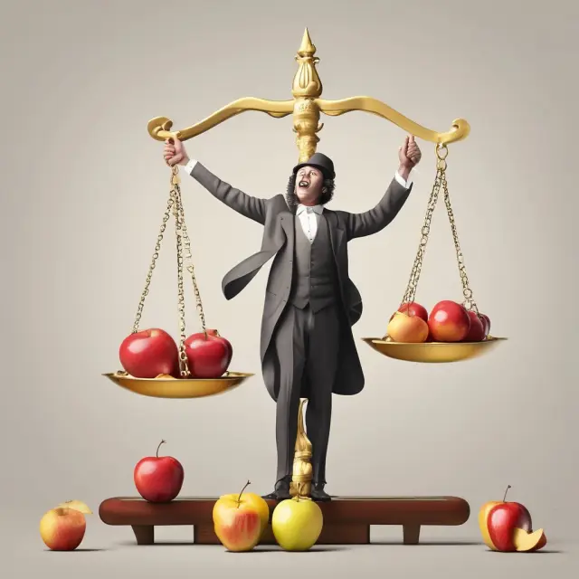 Golden scale with apples representing nominal (23.3%) and real (19.7%) returns for investment evaluation