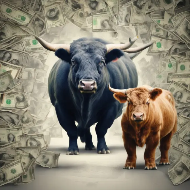 A stock bull and bond bear face off inside a colosseum-like arena with an inflation rate indicator.