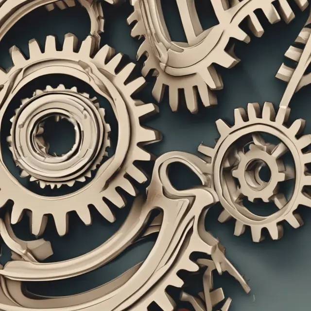 Interconnected gears represent real and potential GDP. The larger gear (Real GDP) turns continuously while the smaller one (Potential GDP) shows the maximum output.