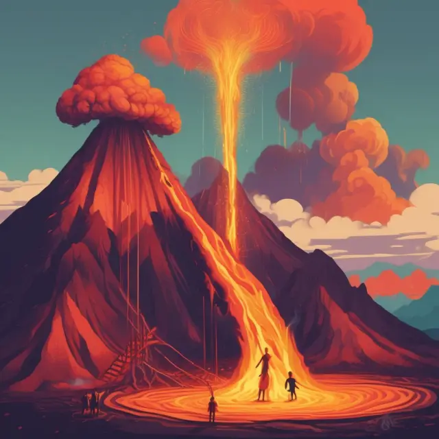 Three scales tipping towards a fiery volcano, representing the impact of high employment levels, increased trade activities, and greater government expenditure on an inflationary gap