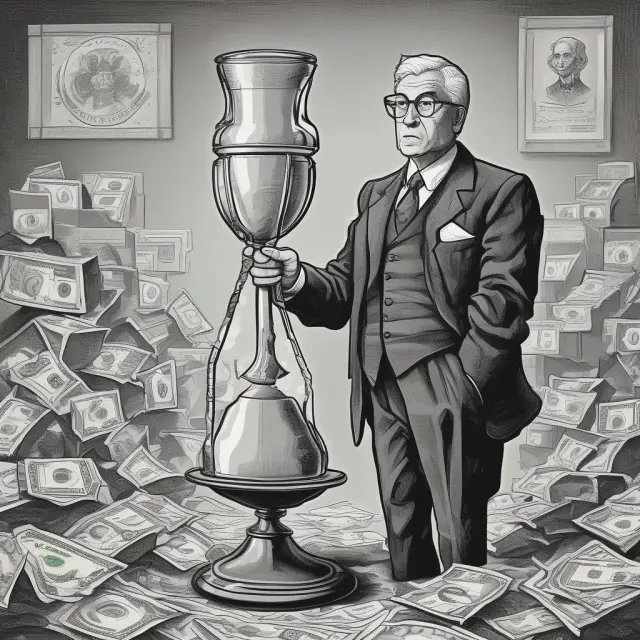 The Federal Reserve chairman adjusting an hourglass representing time while manipulating interest rates to control inflation