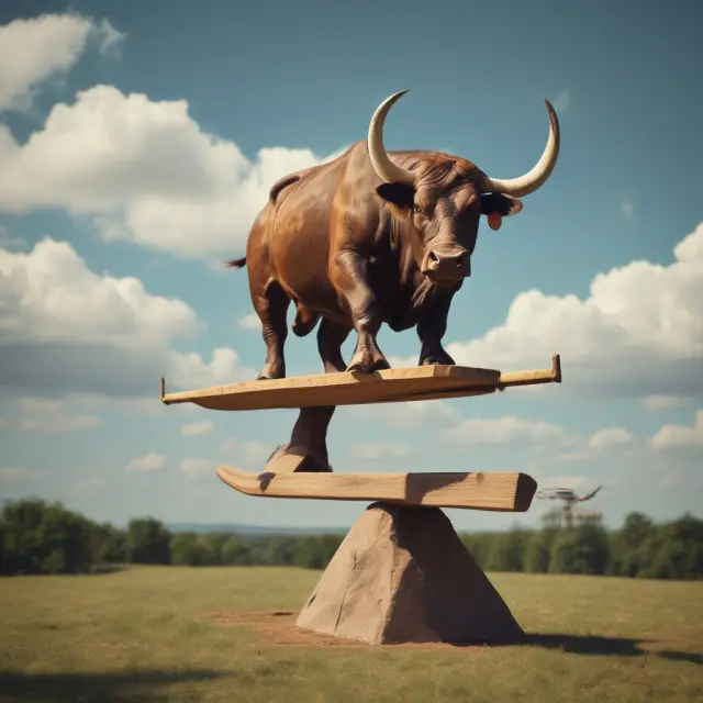 Bull on a see-saw represents Information Ratio, symbolizing the balance between generating excess returns and managing risks
