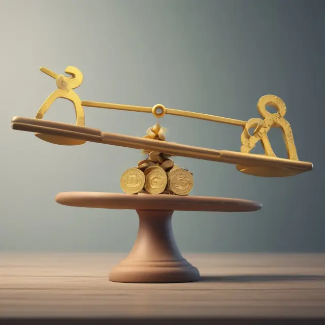 An unstable seesaw with gold coins illustrating varying Information Ratio values and a shift in benchmark index