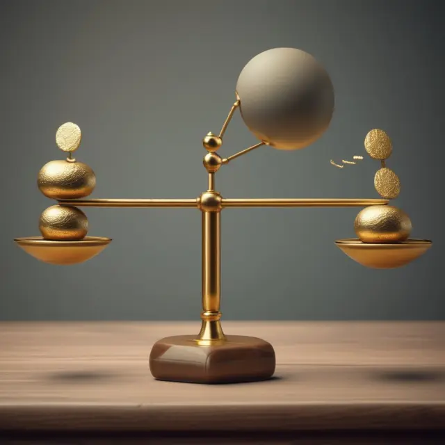 A balanced seesaw with gold coins on either side symbolizing portfolio and benchmark, with an Information Ratio ball in the middle measuring performance.