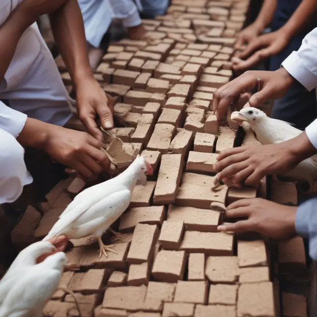 An image of hard hands building brick structures on one side and soft feathers representing education on the other, symbolizing the dual importance of tangible and intangible infrastructure.