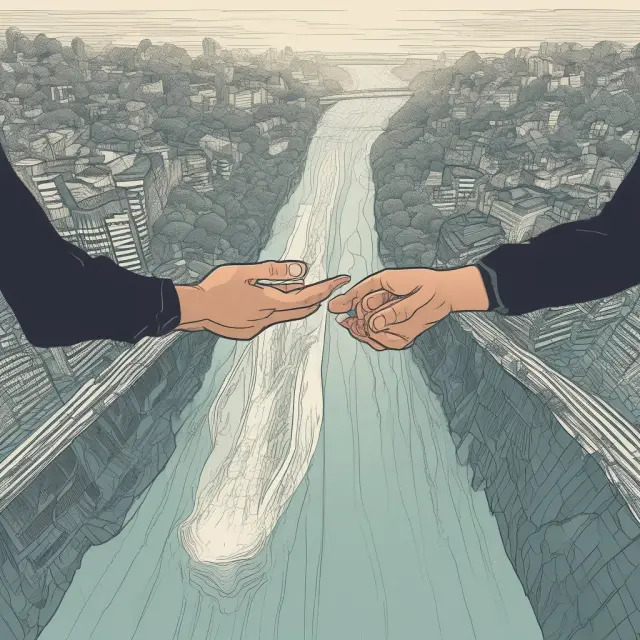 Two hands bridge a digital river, symbolizing efforts to close the gap in internet access