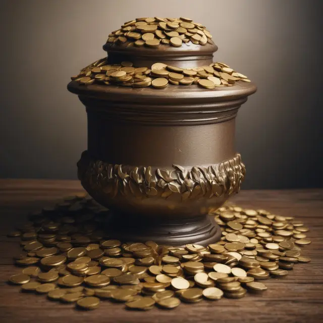 An ornate urn filled with glittering golden coins, illustrating the wealth passed on through inheritances.