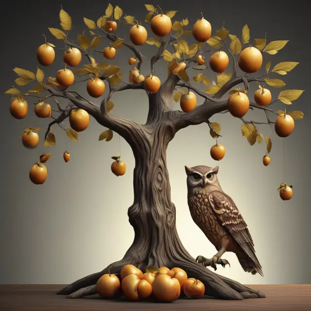 A tree with golden apples and a protective owl, representing estate planning for wealth preservation and legacy