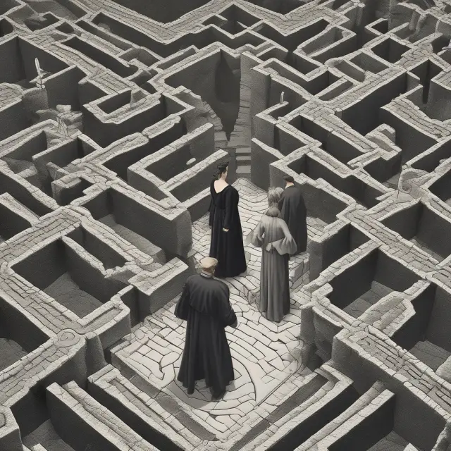 An executor and administrator wade through a maze, symbolizing the complex probate process for distributing a decedent