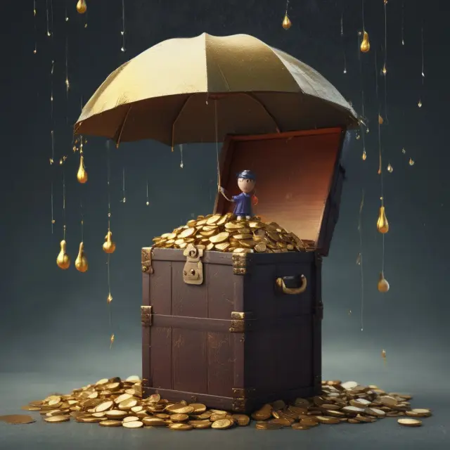 Heir shields inherited gold coins with an umbrella during bankruptcy proceedings