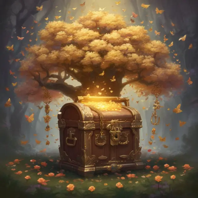 Golden IRA chest transforms into a flowering tree, representing the process of inheriting and managing an IRA