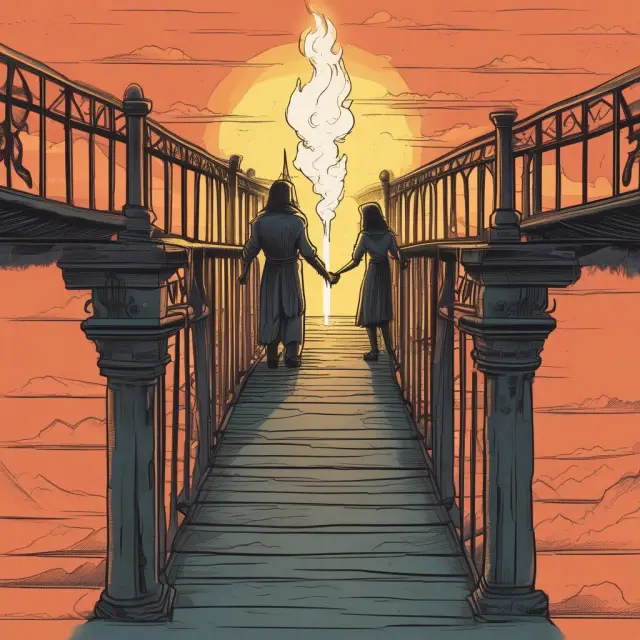 An elderly couple holding hands and crossing a bridge symbolizing the transfer of IRAs between them. One side represents the deceased spouse