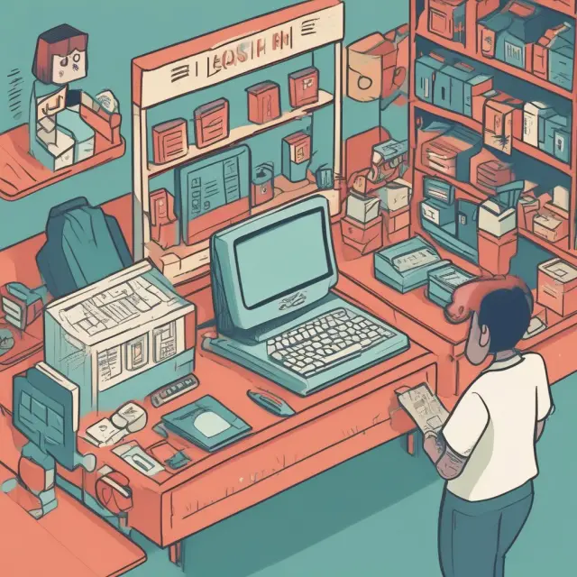 Consumer applying for in-house financing at a retail counter. Scales represent credit assessment. Shopping cart and cash register indicate purchase process.
