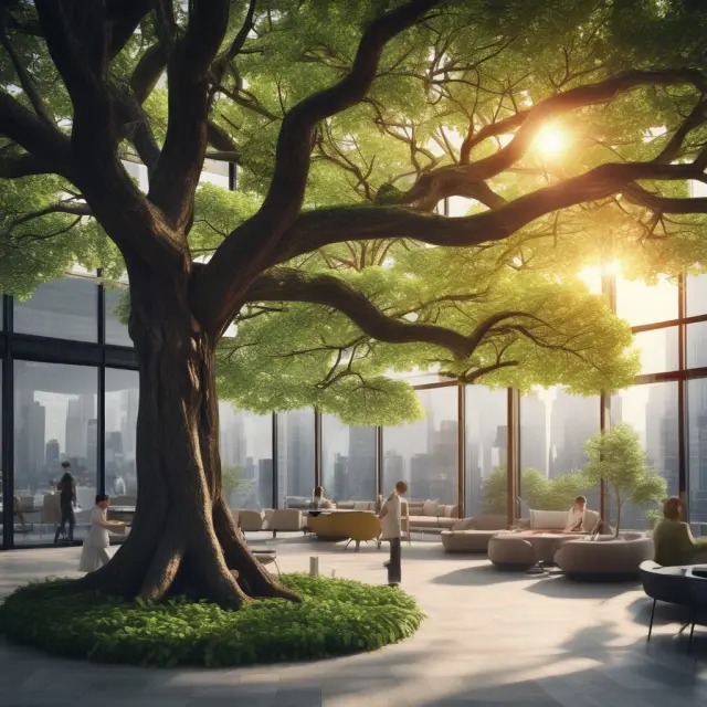 A forest of industry trees, each with roots intertwined with customers and financial services, symbolizing the growth fostered by in-house financing