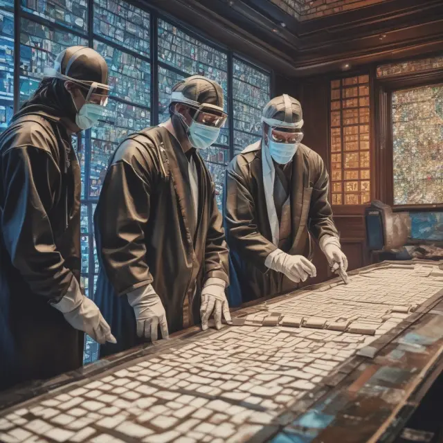A group of lawyers examining intricate mosaic tiles representing ICO projects undergoing legal examination for compliance.