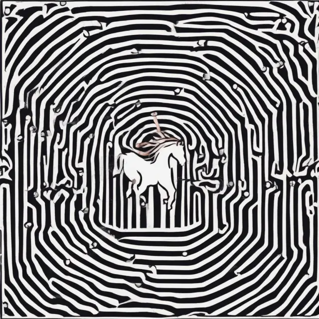 A labyrinth with scams and hype cycles guarded by fraudulent sirens. An investor navigates through the maze on a tamed volatility unicorn, evaluating fundamental ICO analysis.