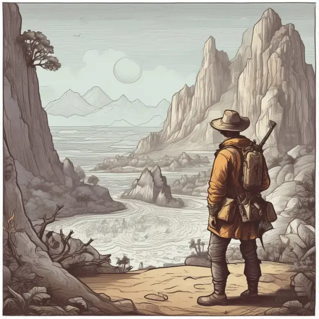 An explorer scrutinizes a treasure map on a virtual cryptocurrency market landscape to evaluate profitable and legitimate ICOs