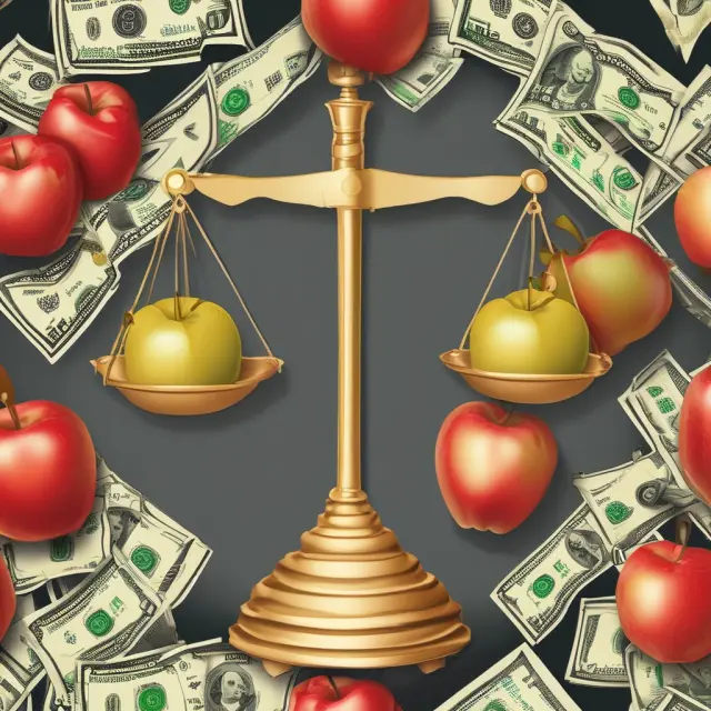 A golden scale balanced with apples (stocks) and dollar signs (money), illustrating the concept of initial margin requirements in margin trading