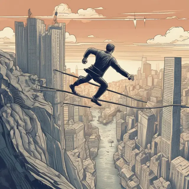 A person balancing on a tightrope between market volatility and regulatory changes while managing their investments with initial margin