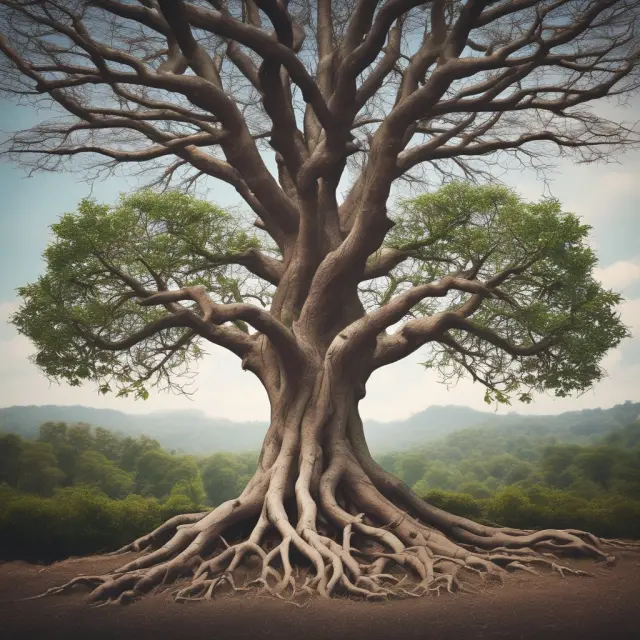 Two intertwined trees symbolizing mergers & acquisitions (M&A) representing organic and inorganic growth, with roots combining to depict integration.