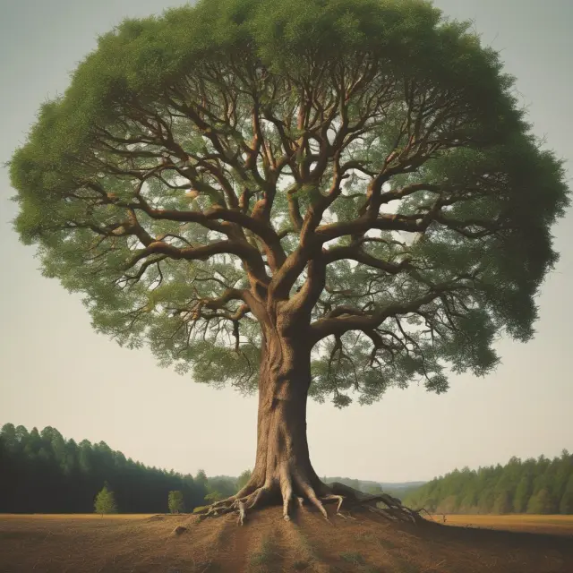 Two interconnected trees represent balanced growth: An organic tree growing steadily, while an inorganic tree undergoes a merger with another, showcasing both strategies for corporate expansion.