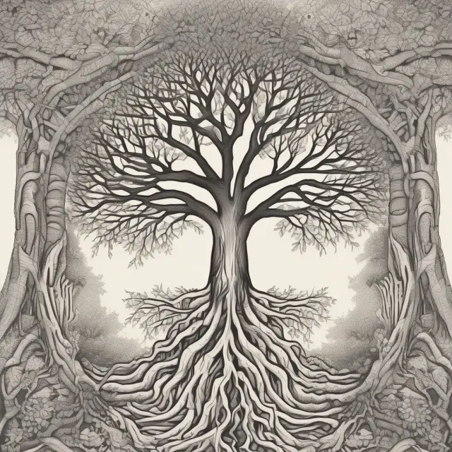 Scaling tree depicting organic and inorganic growth through mergers (M&A) with intertwined roots representing integration