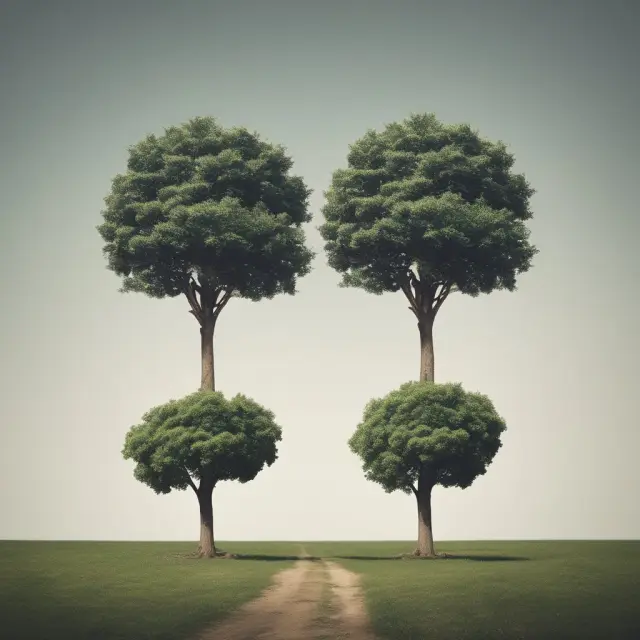 Visual representation of organic vs. inorganic growth with a tree symbolizing steady, sustainable growth through internal means and another representing rapid expansion via mergers and acquisitions