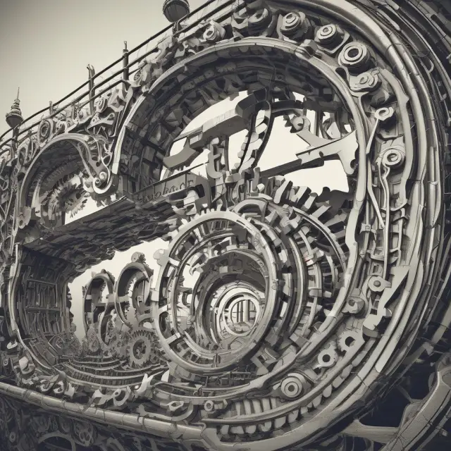 Interconnected gears representing industries linked by a bridge - Input-Output Analysis