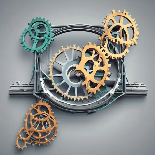 An intricately designed bridge made of interlocking gears represents the complex economic relationships explored through Input-Output Analysis