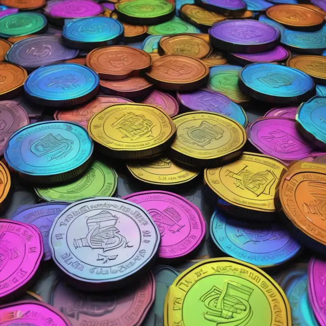 Colorful Indian rupee coins with varying denominations (50 paise, one rupee, two rupees, five rupees, and ten rupees) showcasing holographic security features such as Ashoka Pillar emblem.
