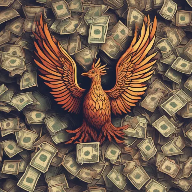 Phoenix emerging from piles of counterfeit Indian Rupee notes, representing RBI