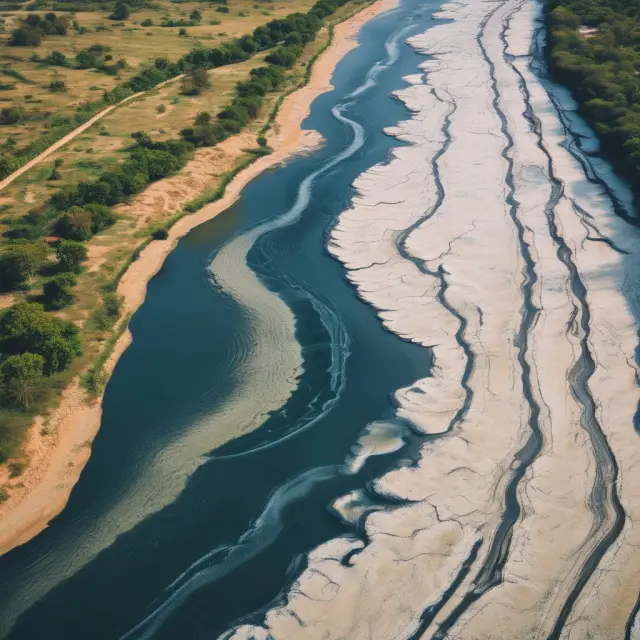 A meandering river illustrating trade flows, investment influxes/outflows, and oil prices influencing the Indian Rupee