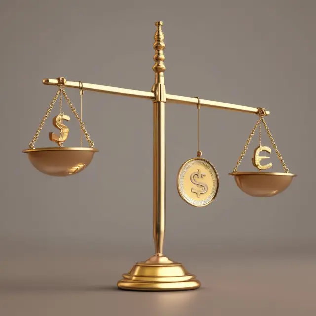 Golden balance scale with INR and USD coins illustrating Indian Rupee exchange rate.
